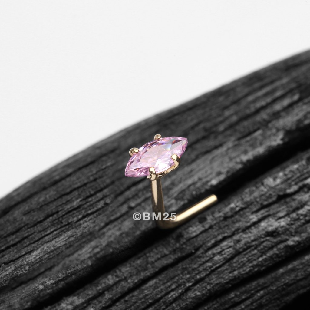 14 Karat Gold Prong Set Marquise Gem Sparkle L-Shaped Nose Ring - Pink Gem
